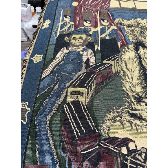 Vintage Christmas Tapestry Throw Blanket Teddy Train Soldiers Fringe Nostalgic - Picture 6 of 15
